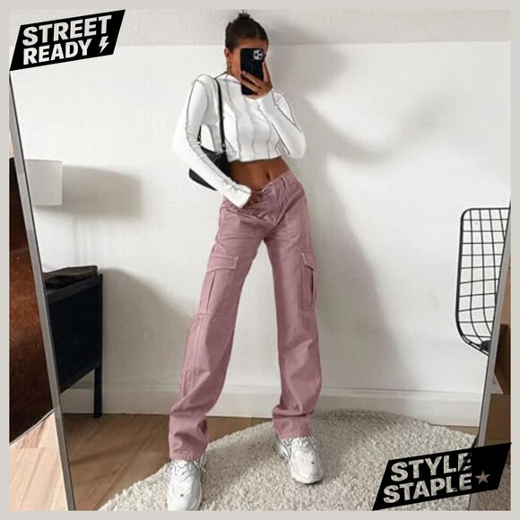 High Waisted Cargo Pants with 6 Pockets Stretchy Wide Leg Streetwear - Picture 5 of 7